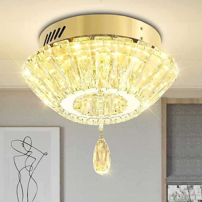 11.8" Mini Gold Crystal Chandelier LED Modern Flush Mount Ceiling Light for Hallway,Bedroom, Kitchen,