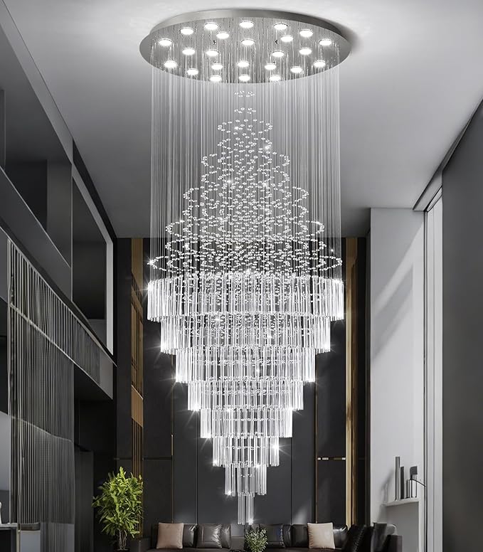 HAIXIANG W47 x H120 Crystal LED Chandelier with Light Bulbs Luxury Raindrop High Ceiling Chandeliers for Entryway Villa Staircase Foyer Living Room Lighting Fixtures Silver