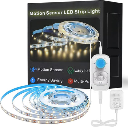 Motion Sensor Led Light Strip - Under Cabinet Lighting with Power Adapter, 6 Adjustable Brightness and Timing, Light Strips for Kitchen Cabinets, Stair, Showcase, Bedroom, 9.84ft 3000K WarmWhite