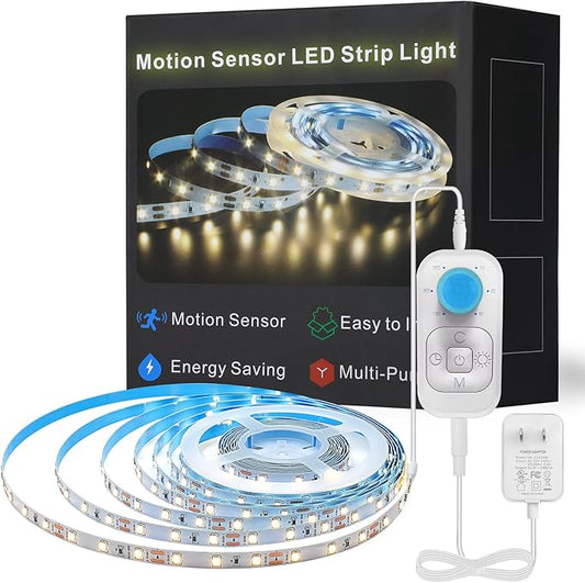 Motion Sensor Led Light Strip - Under Cabinet Lighting with Power Adapter, 6 Adjustable Brightness and Timing, Light Strips for Kitchen Cabinets, Stair, Showcase, Bedroom, 9.84ft 3000K WarmWhite