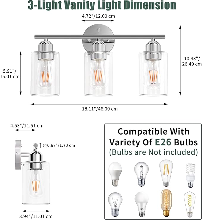 Bathroom Vanity Light Fixtures Polished Chrome Bathroom Lighting Fixture, 3 Lights Bathroom Light Fixture Over Mirror, Modern Black Vanity Light, Wall Sconces with Glass Shades
