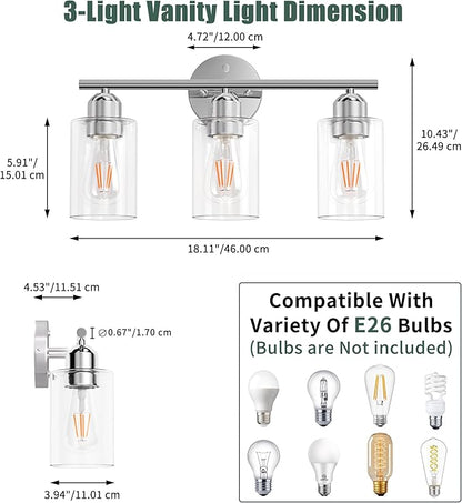 Bathroom Vanity Light Fixtures Polished Chrome Bathroom Lighting Fixture, 3 Lights Bathroom Light Fixture Over Mirror, Modern Black Vanity Light, Wall Sconces with Glass Shades