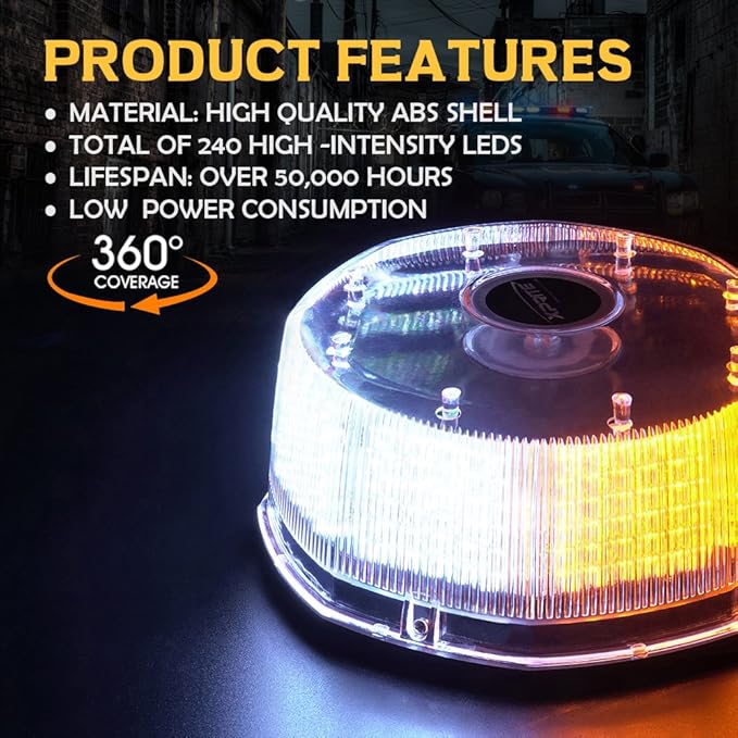 Xprite 240LED Rotating Beacon Light, Forklift Strobe Lights w/Magnetic Base for 12-24V Construction Truck Patrol Car Tractor Golf Carts-Amber&White