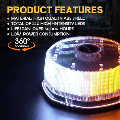Xprite 240LED Rotating Beacon Light, Forklift Strobe Lights w/Magnetic Base for 12-24V Construction Truck Patrol Car Tractor Golf Carts-Amber&White