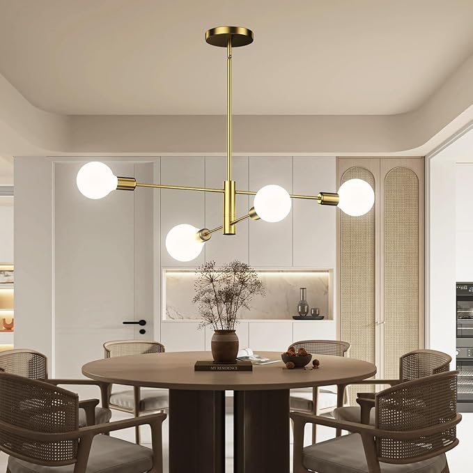 Gold Modern Sputnik Chandelier, 4-Lights Mid Century Chandeliers Flush Mount Sputnik Lights Fixture for Dining Room, Living Room,Kitchen Island Height Adjustable (Bulbs Not Included)