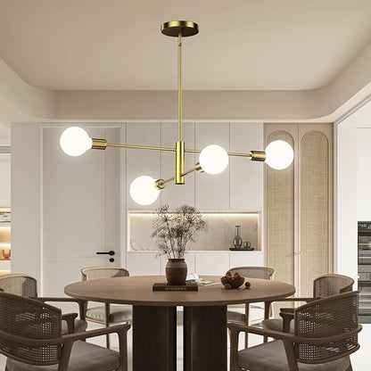 Gold Modern Sputnik Chandelier, 4-Lights Mid Century Chandeliers Flush Mount Sputnik Lights Fixture for Dining Room, Living Room,Kitchen Island Height Adjustable (Bulbs Not Included)