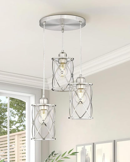 Brushed Nickel Dining Room Chandelier Light Fixture, 3-Light Pendant Lighting with Clear Glass, Modern Kitchen Island Cluster Hanging Pendant Lights for Sink, CH9176BN3