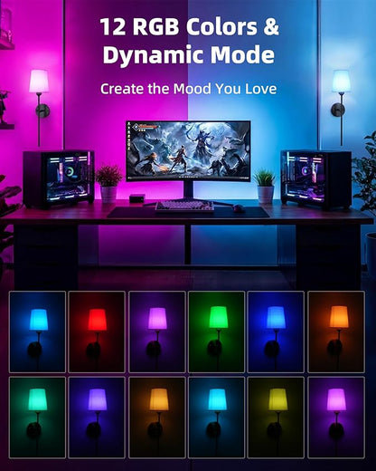 Rechargeable Wall Lights Set of 2, 7500mAh, RGB, Battery Operated Wall Sconces with Remote, Dimmable, Magnetic Bulbs, No-Wiring Installation, Wireless Wall Lamps for Bedroom, Living Room, Hallway