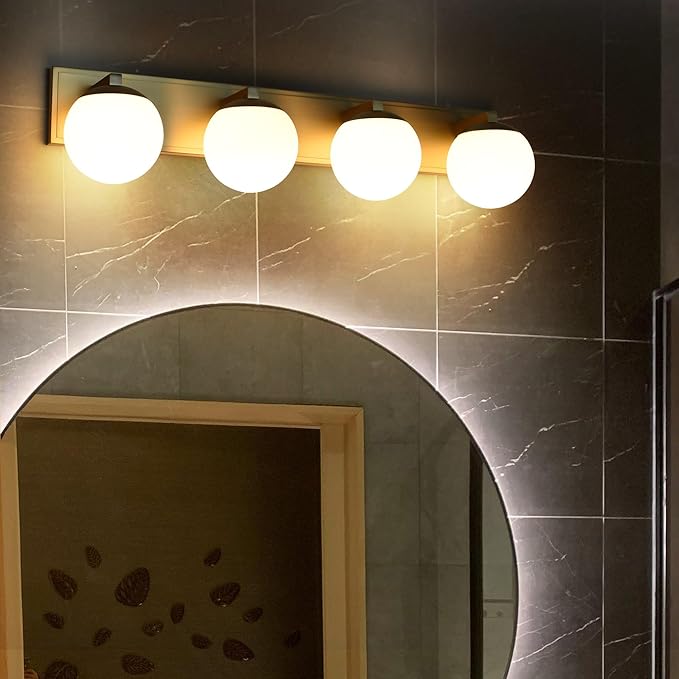 Gold Bathroom Vanity Light Fixtures, 4-Light Globe Bathroom Lighting Fixtures Over Mirror, Modern Wall Lights for Living Room, Long Backplate, Standard E26 Base, Aged Brass