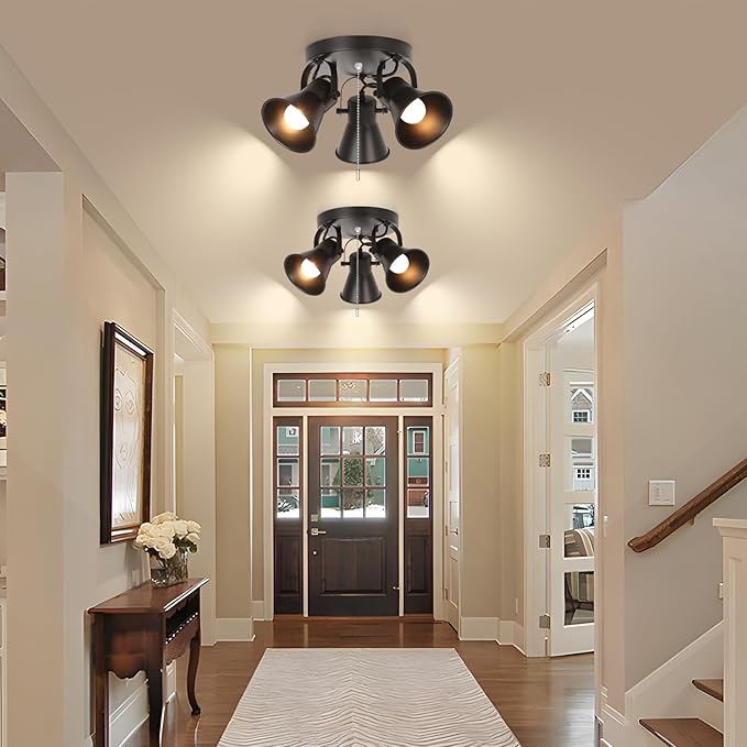 3-Light Industrial Track Lighting with Pull Chain On/Off Switch, Adjustable Round Kitchen Ceiling Light, Morden Black Flush Mount Directional Light for Kitchen, Hallway, Dining Room, Bathroom