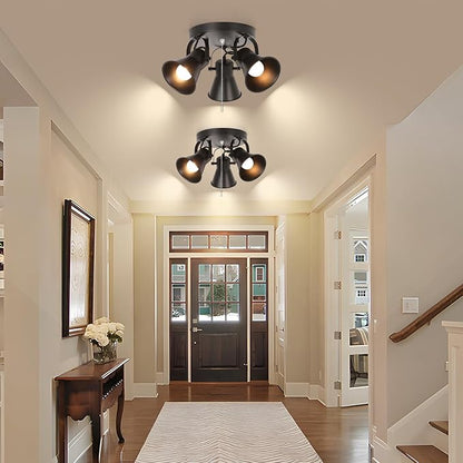 3-Light Industrial Track Lighting with Pull Chain On/Off Switch, Adjustable Round Kitchen Ceiling Light, Morden Black Flush Mount Directional Light for Kitchen, Hallway, Dining Room, Bathroom