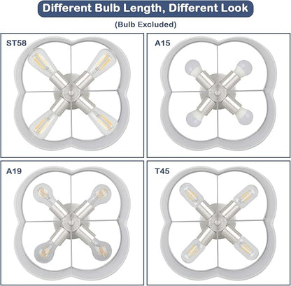 4-Light Semi Flush Mount Ceiling Light Fixture, Silver Modern Close to Ceiling Lamp with White Fabric Shade, Contemporary Bright Lighting for Nursery Kids Baby Room Kitchen Bedroom Hallway Entryway