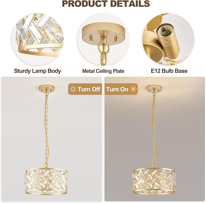 Gold Crystal Chandelier, 3-Light Morden Dining Room Light Fixture,12.4" Small Semi Flush Mount Chandeliers for Kitchen Foryer Entryway Hallway Living Room Bedroom (ETL Listed)