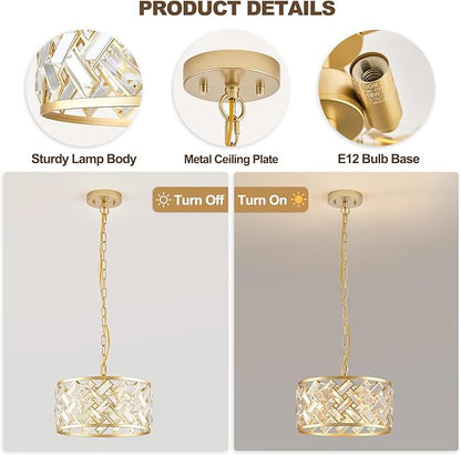 Gold Crystal Chandelier, 3-Light Morden Dining Room Light Fixture,12.4" Small Semi Flush Mount Chandeliers for Kitchen Foryer Entryway Hallway Living Room Bedroom (ETL Listed)