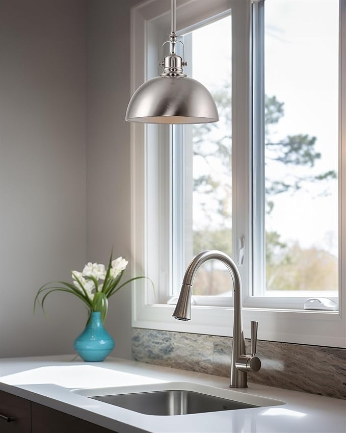 Kira Home Belle 9" Modern Industrial Pendant Light with Dome Shade, Petit Retro Metal Silver Hanging Light, Brushed Nickel Finish