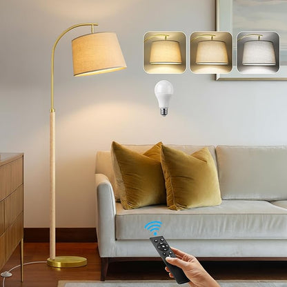 63" Wood Floor Lamp for Living Room Dimmable Standing Lamp with Remote & Foot Switch, 3 Color Temperatures Tall Lamp Mid Century Modern Floor Lamp for Bedroom Office, 9W Bulb Included, Natural Wood