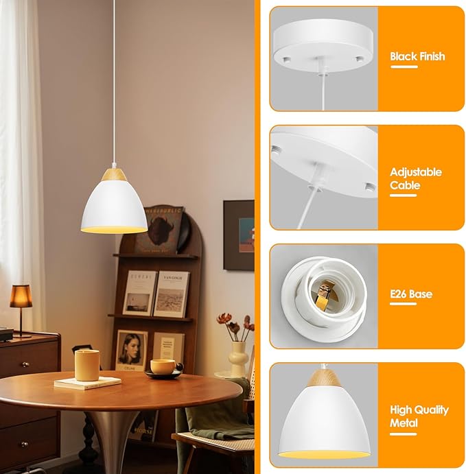 Pendant Lights for Kitchen Island, 5.9" Cone Metal Shade Adjustable Height White Small Hanging Lamps for Dining Room Light Fixtures Over Table Modern Ceiling Fixture