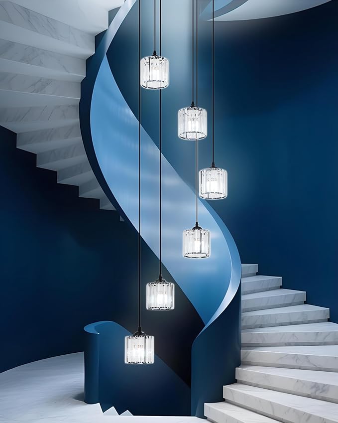 Long Chandeliers for High Ceilings,Modern Crystal Pendant Light,Raindrop Drop Lamp,Hanging Flush Mount Lighting Fixtures for Spiral Staircase,Foyer,Entryway,Living Room,Black (15 Lights)