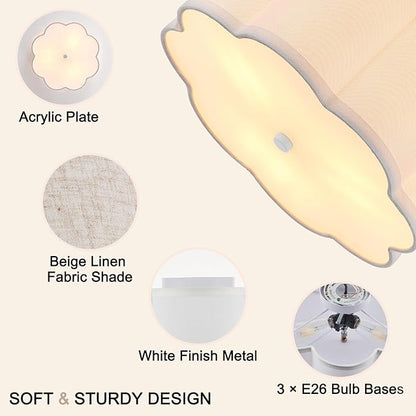 Modern Drum Semi Flush Mount Ceiling Light 3-Lights Modern 17.71" White Drum Ceiling Lighting Fixture Vintage Modern Linen Ceiling Lamp for Kitchen, Basement, Bedroom, Laundry Room