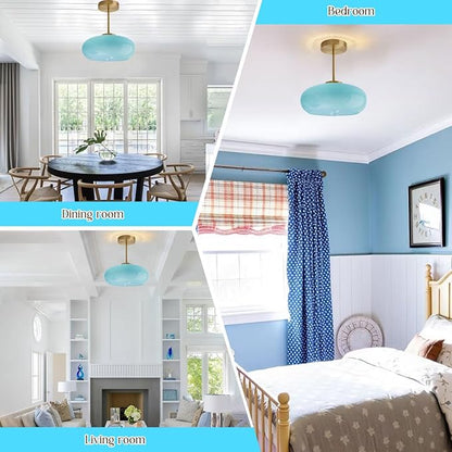 Semi Flush Mount Ceiling Light Blue Glass Ceiling Lights 11" Large Globe Shade Vintage Brushed Gold Brass Flush Mount Lamp Modern Close to Light Fixture for Hallway Bedroom Entrance