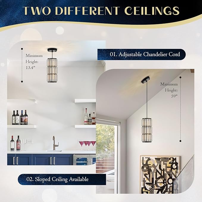 Black Crystal Pendant Light for Kitchen Island, Modern Mini Chandelier Hanging Light Fixture with K9 Crystals, Adjustable Luxury Pendant Lighting for Dining Room, Bedroom, Hallway, Bar