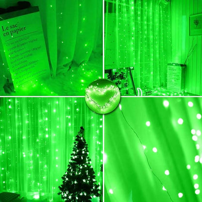 300 LED Curtain Lights - Christmas String Lights with Remote Control, USB Power, 8 Lighting Modes - Green for Bedroom, Home, Xmas, St. Patrick's Day Decor - 9.8ft x 9.8ft