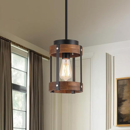 Rustic Farmhouse Wood Pendant Light Fixture One-Light Adjustable Rods Oak Wood and Metal Lantern Drum Small Pendant Lighting for Kitchen Island Sink Hallway Bathroom Bar Farmhouse, Black