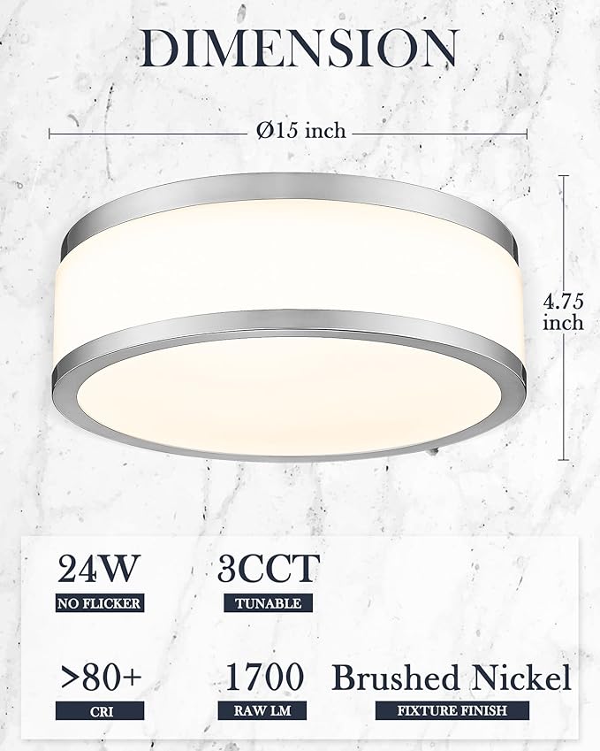 LMS 15 Inch LED Flush Mount Ceiling Light, 24W Modern Brushed Nickel Ceiling Lamp, 3CCT 3000K/4000K/5000K, Dimmable, Bathroom, Bedroom, LMS-054BN