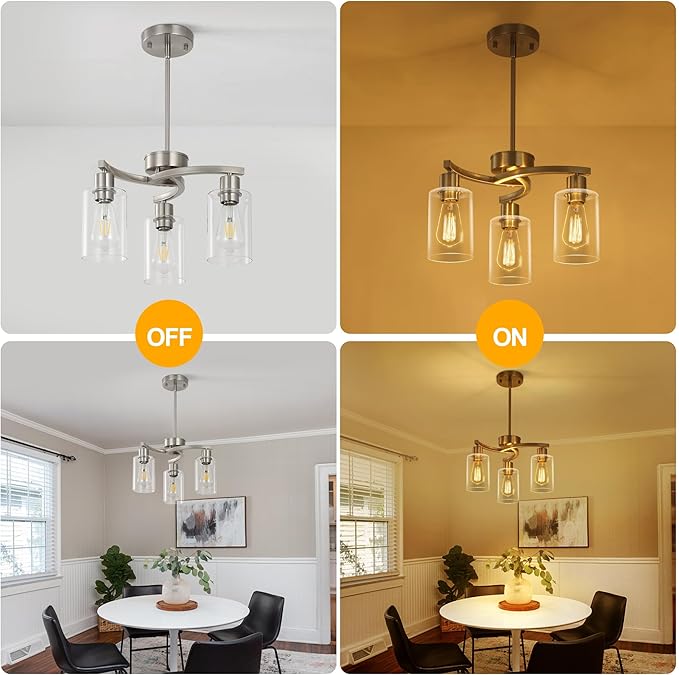 CNRATYE 3-Light Brushed Nickel Pendant Lighting for Kitchen Island, Hanging Dining Room Light Fixtures Over Table, Industrial Chandelier for Entryway Hallway Foyer Bedroom, Clear Glass Shade