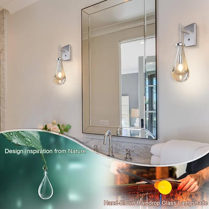 HuisMier Brushed Nickel Wall Sconce, Raindrop Wall Sconces with On Off Switch Button, Modern Clear Glass Wall Light Fixture Vanity Wall Lamp for Bathroom Bedroom Living Room Hallway