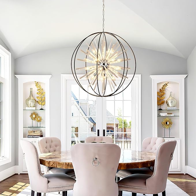 Vezzio 35 inch Large Black Crystal Chandelier Modern Globe Chandeliers for High Ceilings 20-Light Round Chandelier for Foyer Entryway Stairway Dining Room Hallway