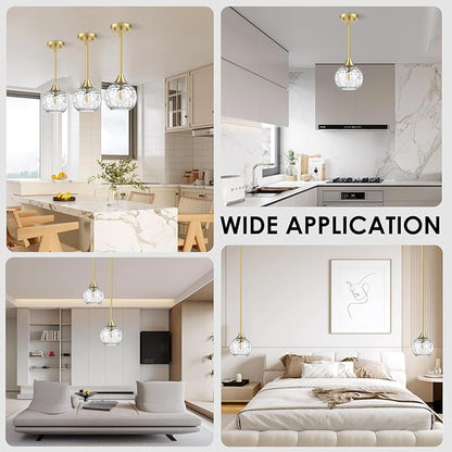 Pendant Lights Kitchen Island 2 Pack,Adjustable-Height Pendant Light Fixtures with Detachable Rod,Island Lights for Kitchen with Hammered Glass Shade,E26 Base Kitchen Pendant Lighting Over Island/Bar