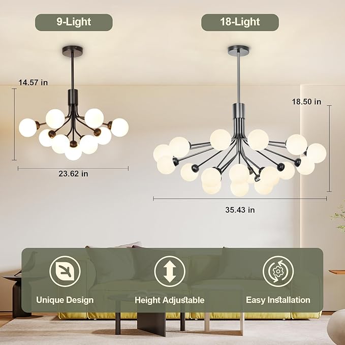Depuley Glass Ball Sputnik Chandelier: 18-Light Modern Mid Century Black Chandelier for Dining Room - Bubble Globe Chandelier Light Fixture Height Adjustable for Kitchen Over Table (Included G9 Bulbs)