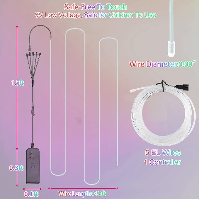 EL Wire-5 in 1 Meter Portable Neon Rope Lights Strip-Wearable Battery Pack Body Lights-360°Illumination-Super Bright-Cuttable-DIY Halloween Christmas Festival Party Game Room Cosplay Costume(White)