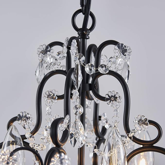 Saint Mossi 4-Lights Crystal Chandelier with K9 Crystals, Black Farmhouse Style Pendant Light Fixture, H17 x D12, Chain Adjustable