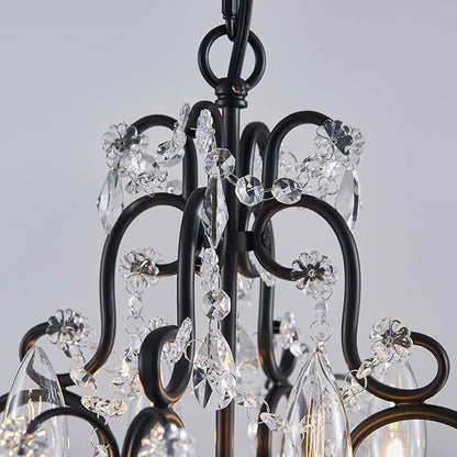 Saint Mossi 4-Lights Crystal Chandelier with K9 Crystals, Black Farmhouse Style Pendant Light Fixture, H17 x D12, Chain Adjustable