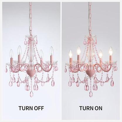 Plug in Crystal Pink Chandelier, Not acrylic Crystal,Mini 4 Lights for Girls Room,Pink Crystals Hanging Pendant Light with Clear Cord and On/Off, Chandelier for wedding, Kitchen, Dining,Foyer,Island