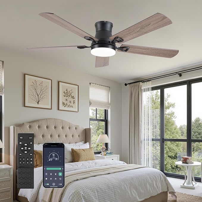 KNUN Ceiling Fans with Lights,52 Inch Low Profile Ceiling Fan with Light and Remote Control,Flush Mount,6 Speeds DC Reversible Motor, 3CCT Dimmable, Noiseless Brown Ceiling Fan for Living Room,Patio