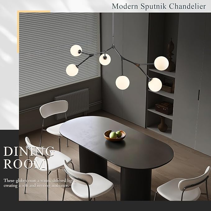 6 Lights Sputnik Chandelier for Dining Room L45’’ Black Modern Pendant Light Fixture with Milk Glass Shade Large Mid Century Chandeliers for Kitchen Island Living Room Foyer