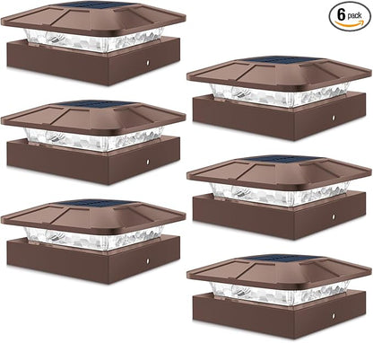 Peasur 6 Packs 4x4 Post Solar Lights with 3 Modes, Waterproof LED Solar Cap Lights for 4×4/3.5×3.5 Wood/Vinyl Posts, Brown Post Top Lighting Outdoor for Fence Deck Mailbox Porch Railing