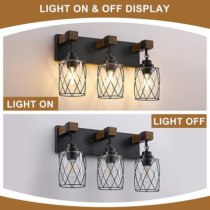 Farmhouse Bathroom Light Fixtures, 3 Light Bathroom Vanity Light with Metal and Glass Lampshade, Wood Rustic Lighting Fixtures Over Mirror, Black Wall Sconces for Living Room, Bedroom