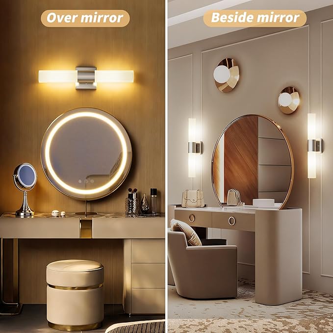 Bathroom Wall Sconces Set of Two, 21 Inch Modern Vanity Lights with Frosted Glass Shade, Bathrooms Vanity Lighting Fixtures for Mirror Bedroom Living Room Hallway (Silver)