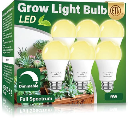 6 Pack Full Spectrum Grow Light Bulbs,A19 Grow Lights for Indoor Plants,Dimmable E26 9W Grow Bulb Replace up to 100W,Plant Lights for Indoor Growing,Flowers,Greenhouse,Indore