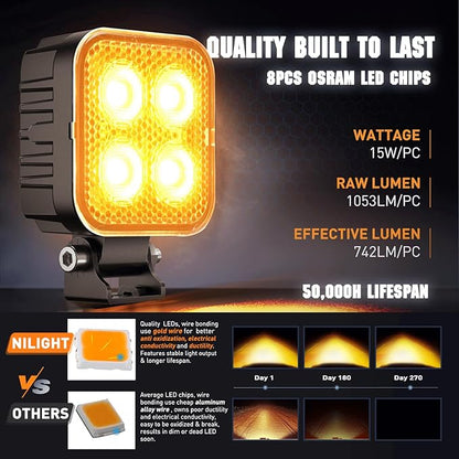 Nilight 2PCS 3 Inch 15W Amber LED Pods Square Built-in EMC Work Flood Beam for Offroad Lighting Side Light Rear Back-Up Light for Tractor Truck Motorcycle Boat ATV UTV
