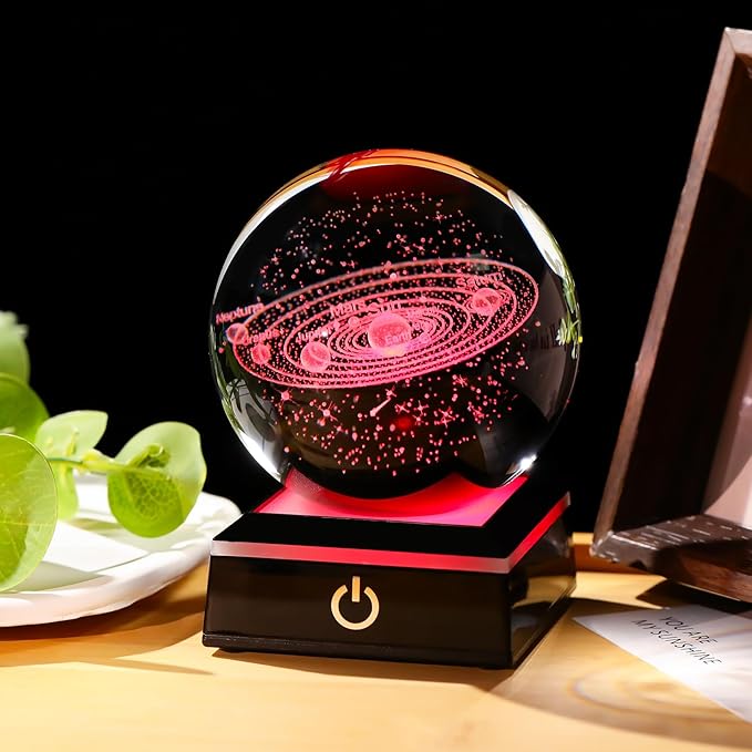 Arikyrist 3D Solar System Crystal Ball 80mm with Light Base, Laser Engraved Space Universe Astronomy Gifts for Women Men Teens Boys and Girls, Glass Planet Solar System Model Sphere Night Light Decor