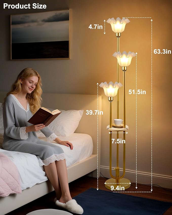 Flower Floor Lamp for Living Room, Dimmable Vintage Floor Lamp with Shelf & LED Bulbs, 3 Light 3000K Warmwhite Mid Century Gold Floral Tall Standing Lamp with 5Lbs Heavy Base for Bedroom