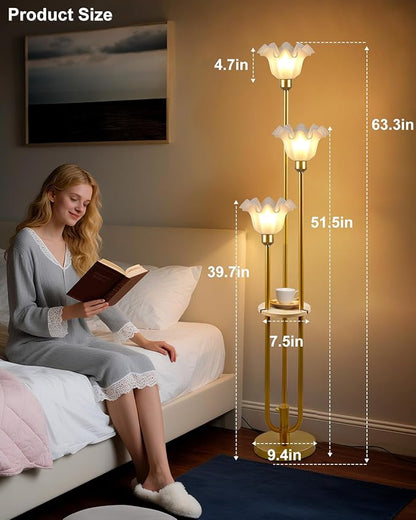 Flower Floor Lamp for Living Room, Dimmable Vintage Floor Lamp with Shelf & LED Bulbs, 3 Light 3000K Warmwhite Mid Century Gold Floral Tall Standing Lamp with 5Lbs Heavy Base for Bedroom