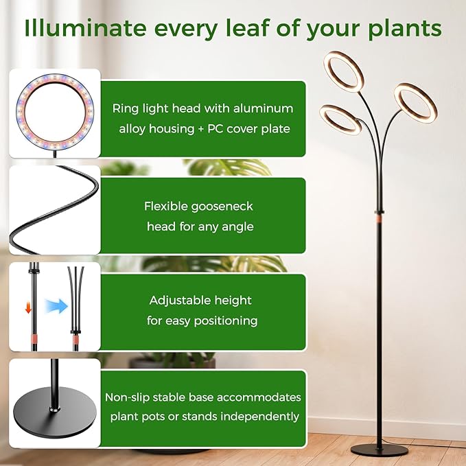 Grow Light for Indoor Plants with Stand, 48W 216 LED 3-Heads Full Spectrum Plant Lamp, 5.5FT Adjustable Tall Stand, Auto On/Off Timer (3/9/12H), 10 Dimming Levels for Seedling Veg Flowering