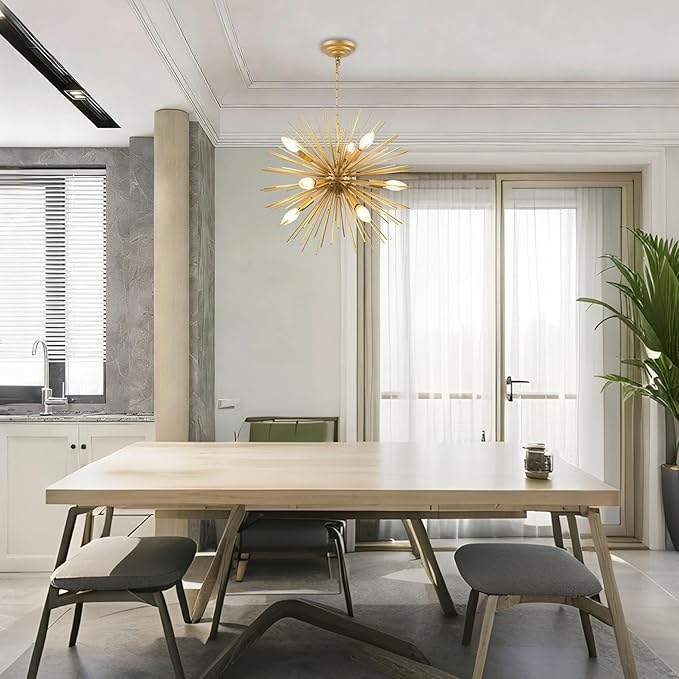 Modern 20in Gold Sputnik Chandelier 9-Lights Mid-Century Starburst Chandelier Solid Metal Firework Satellite Urchin Light Fixture Over Table for Foyer Dining Room Kitchen Bedroom Living Room