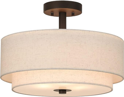 XiNBEi Lighting Drum Semi Flush Light, 3 Light Semi Flush Mount Ceiling Light Fixture with Fabric Shade Modern Close to Ceiling Light for Bedroom & Living Room Dark Bronze Finish XB-SF1289-DB